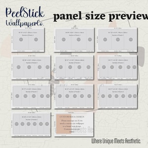 Puede incluir: Vista previa de los tama&ntilde;os de los paneles de papel pintado autoadhesivo. La imagen muestra varios paneles rectangulares con dimensiones en cm, mostrando el n&uacute;mero de paneles por tama&ntilde;o. El texto incluye "panel size preview" y "Where Unique Meets Aesthetic."