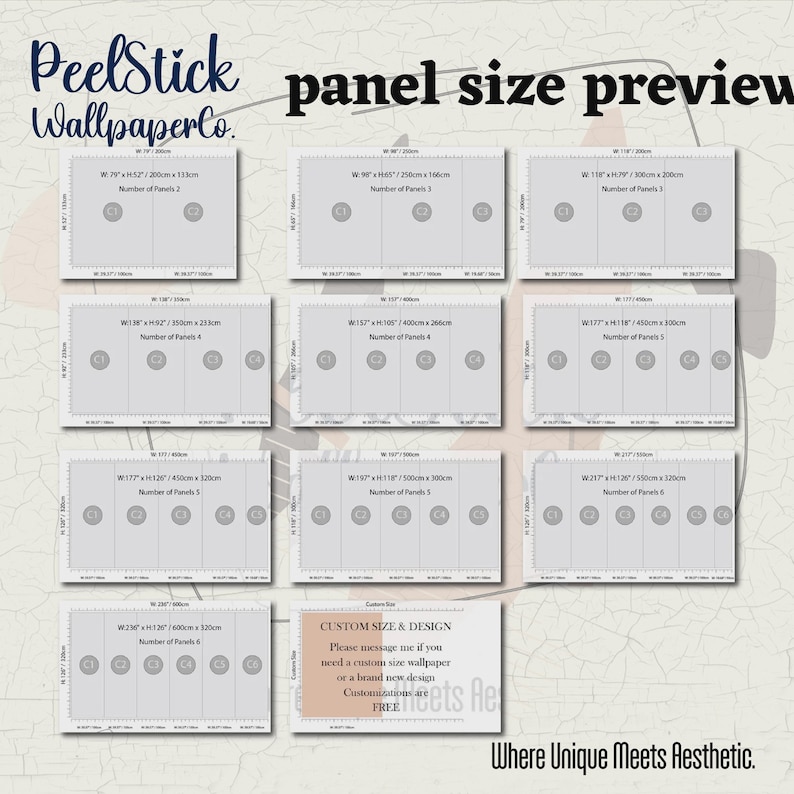 Puede incluir: Vista previa de los tama&ntilde;os de los paneles de papel pintado autoadhesivo. La imagen muestra varios paneles rectangulares con dimensiones en cm, mostrando el n&uacute;mero de paneles por tama&ntilde;o. El texto incluye "panel size preview" y "Where Unique Meets Aesthetic."