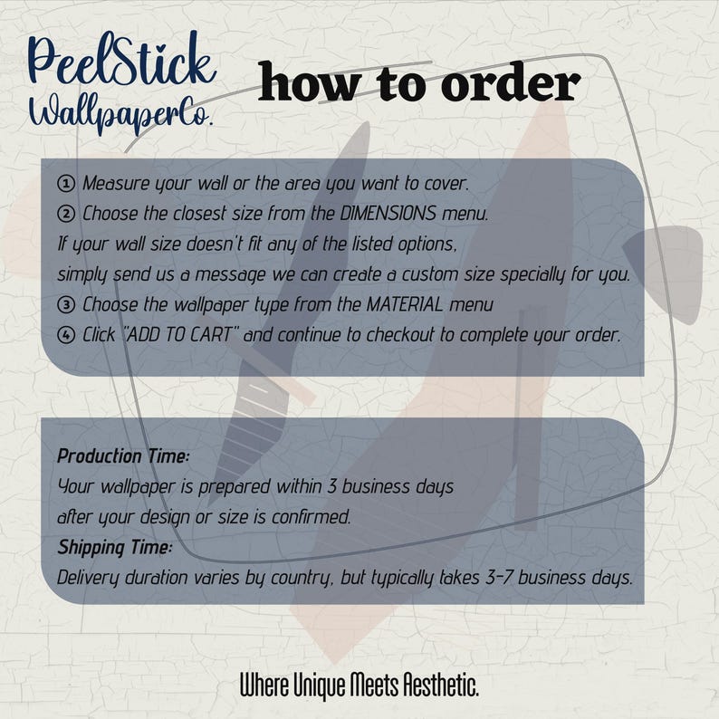 Puede incluir: Imagen con texto: "PeelStick Wallpaper Co." y "how to order." Las instrucciones incluyen medir la pared, elegir un tama&ntilde;o, seleccionar el tipo de papel pintado y a&ntilde;adir al carrito. El texto tambi&eacute;n menciona los tiempos de producci&oacute;n y env&iacute;o.