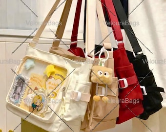 Bolso bandolera Ita Bag con ventana transparente para pins, bandolera de anime kawaii, mochila escolar estética Harajuku, bolsa transparente con pantalla.