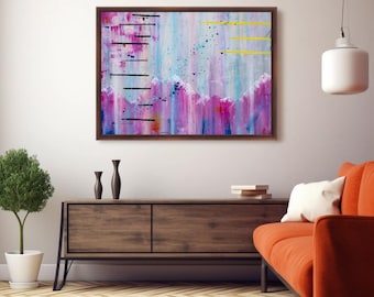 Stampa giclée di alta qualità "Dream Sky Abstract Mountain", rosa, viola, blu, giallo, decorazione da parete.