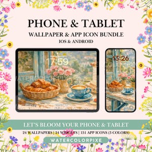 Fondo de pantalla de acuarela Spring Cafe / Iconos y widgets de aplicaciones (descarga digital)