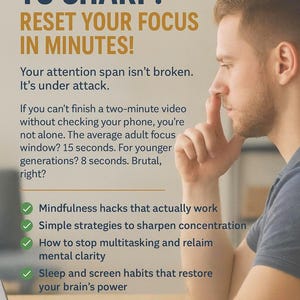 以下が含まれることがあります： 「FROM SCATTERED TO SHARP: RESET YOUR FOCUS IN MINUTES!」というテキストと青いシャツを着た男性の画像。テキストには、マインドフルネスや睡眠習慣など、集中力を高めるための戦略が記載されています。