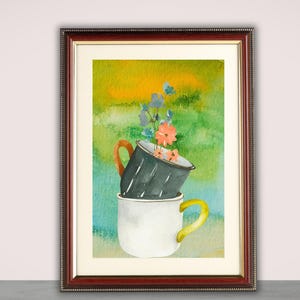 Impressão artística de xícaras florais em aquarela, ilustração aconchegante de caneca de outono (download digital)