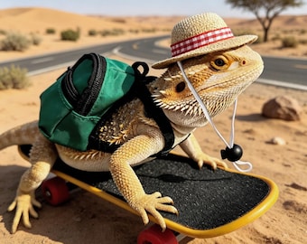 3-Piece Small Animal Adventure Set - Miniature Hat, Backpack & Skateboard - Cute Reptile Photo Props for Lizards, Turtles Hamsters