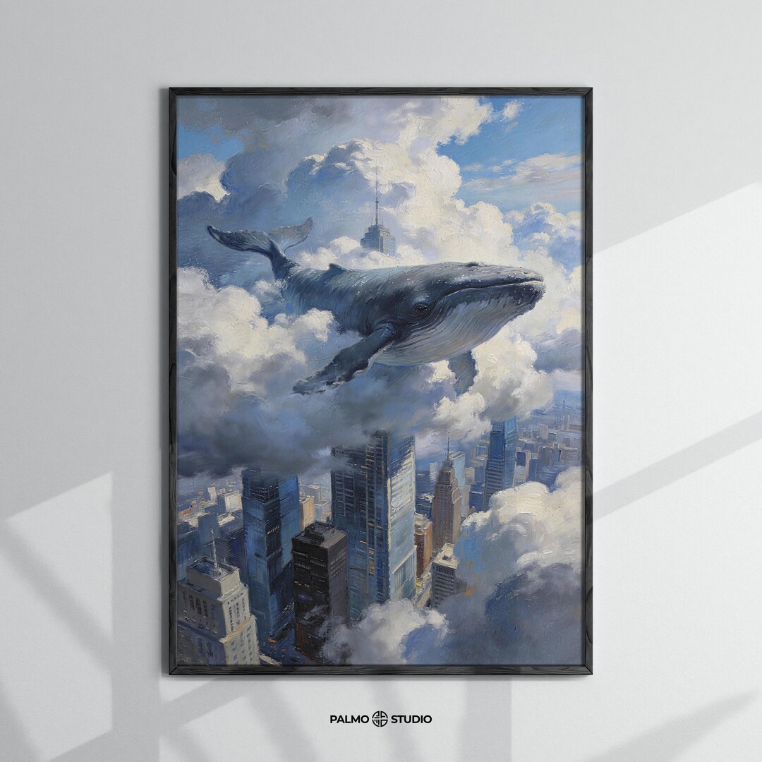 Surreal Flying Whale Wall Art Printable | Whale Above City Illustration ...