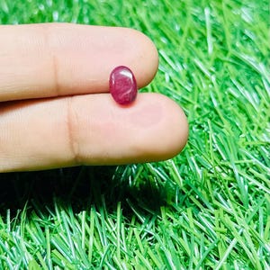 Op de afbeelding: Een kleine, ovaalvormige, gepolijste robijn edelsteen. De edelsteen heeft een diepe, rijke rode kleur met subtiele interne patronen. De robijn wordt tussen twee vingers gehouden tegen een achtergrond van groen kunstgras.