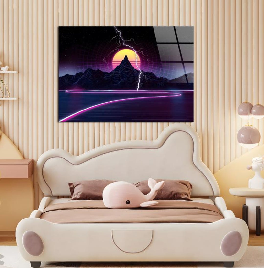 Retro 80s Synthwave Wall Art Neon Lightning Mountain Canvas Print ...