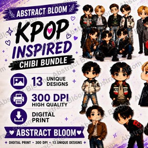 May include: A digital print bundle featuring 13 chibi-style K-pop character illustrations, BTS logos, and text including Abstract Bloom, Kpop Inspired Chibi Bundle, 13 Unique Designs, 300 DPI, and Digital Print on a light purple background.