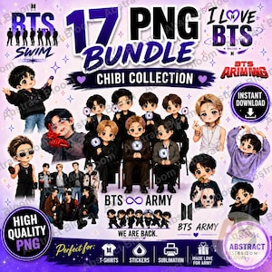 Puede incluir: Una colección digital de 17 gráficos PNG con temática de BTS que incluye ilustraciones estilo chibi de los miembros de la banda, varios logotipos y elementos de texto como 17 PNG BUNDLE, CHIBI COLLECTION, I LOVE BTS, BTS ARMY y WE ARE BACK en un fondo morado.