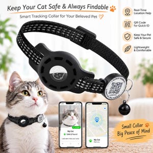 May include: A black smart tracking collar for cats featuring a reflective woven strap, a circular black tracker housing with a cat icon, and a round tag displaying a QR code with the text Scan If Found. Includes a small black bell attachment.