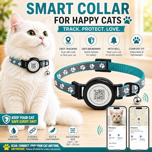 May include: A teal cat collar with a white paw print pattern, featuring a black circular QR code tag, a small silver bell, and a breakaway buckle. The collar is adjustable from 20 cm to 33 cm and includes a mobile app interface display.