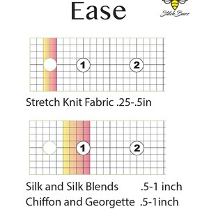 Puede incluir: Un gr&aacute;fico blanco con la palabra "Ease" y un logotipo de abeja. El gr&aacute;fico incluye dos diagramas con medidas para tipos de tela: Tejido de punto el&aacute;stico (0,64-1,27 cm), Seda y mezclas de seda (1,27-2,54 cm) y Chif&oacute;n y Georgette (1,27-2,54 cm).