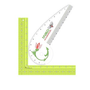 May include: A clear, L-shaped quilting ruler with yellow grid lines and measurements in inches. A curved, clear ruler with a floral design and the text "CURVAI" is attached. The design includes a red and pink flower, a green stem, and a bee.