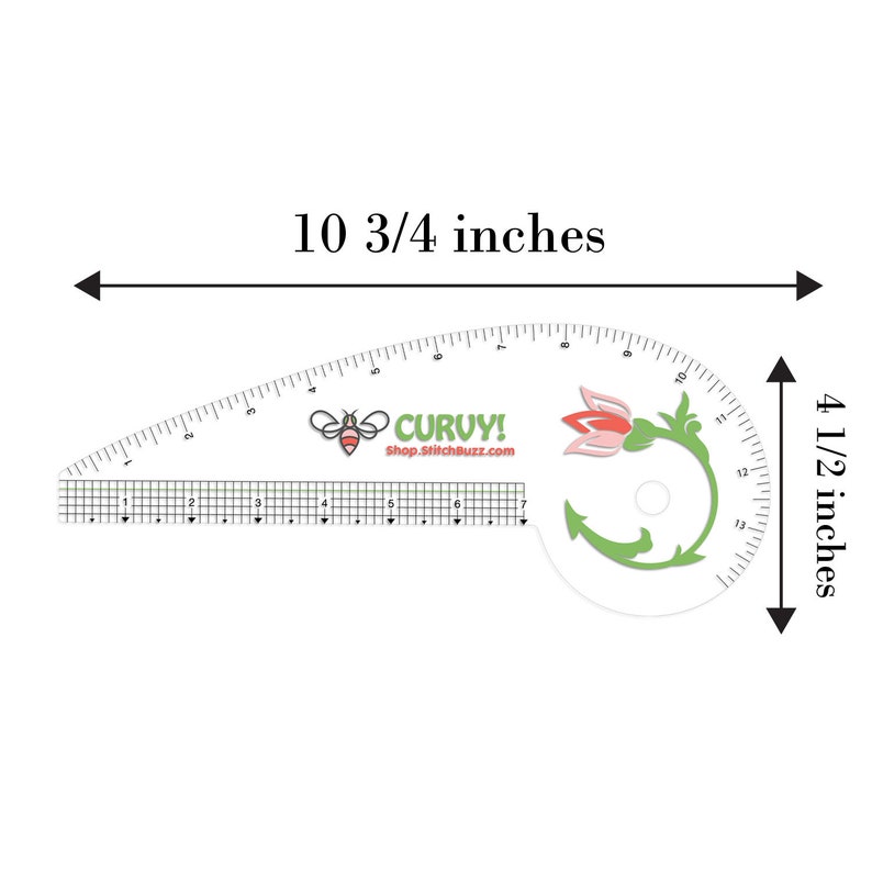 May include: A white plastic sewing ruler with a floral design and the text "CURVY! Shop.stitchbuzz.com". The ruler is 10 3/4 inches long and 4 1/2 inches wide.