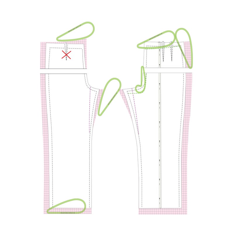 May include: A sewing pattern for pants with a gridded background and green markings. The pattern includes instructions for sewing the inseam, waistband, and fly.