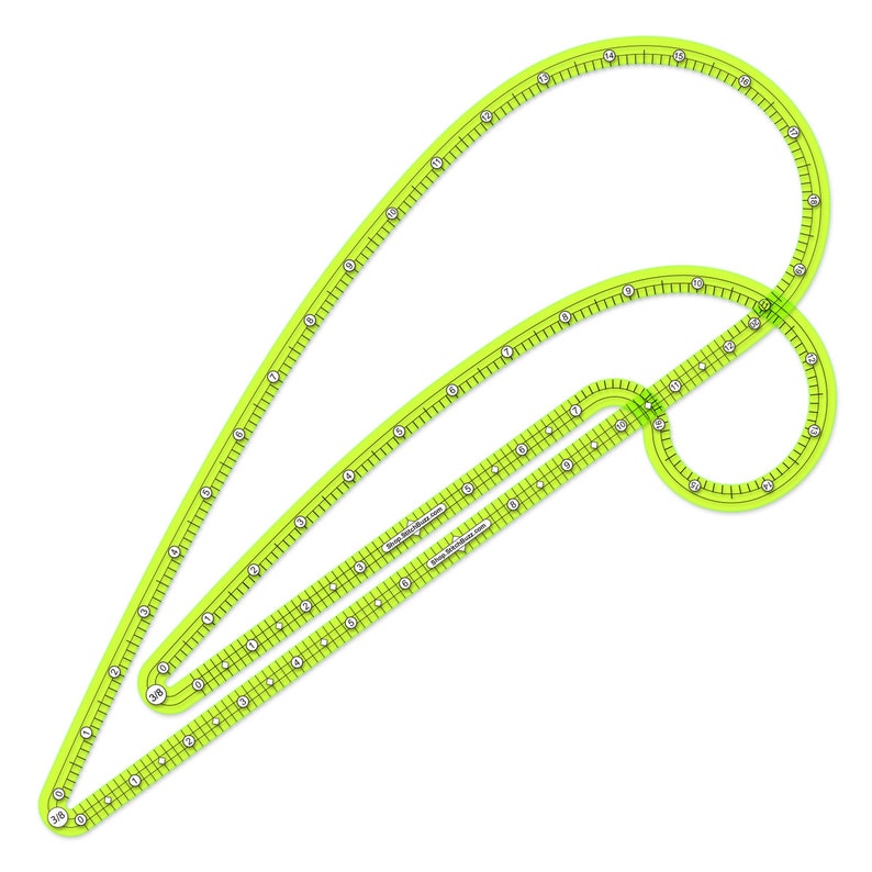 May include: A green plastic sewing gauge with two curved rulers and a circle. The rulers are marked with inches and the circle is marked with 1/4 inch increments. The gauge is designed for measuring curves and circles.