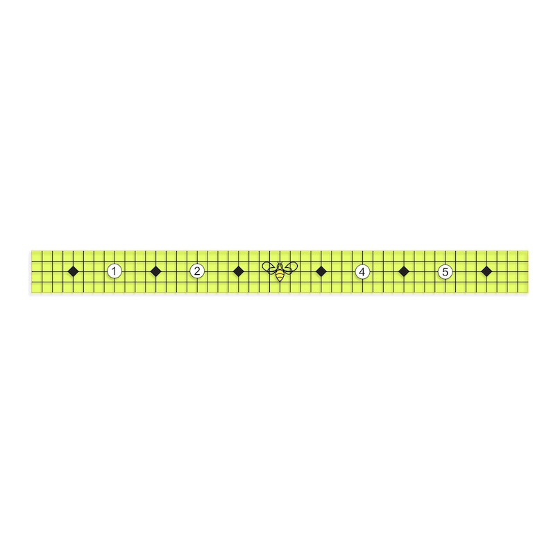 May include: A yellow and black bee illustration on a green and black gridded ruler with numbers 1 through 5.