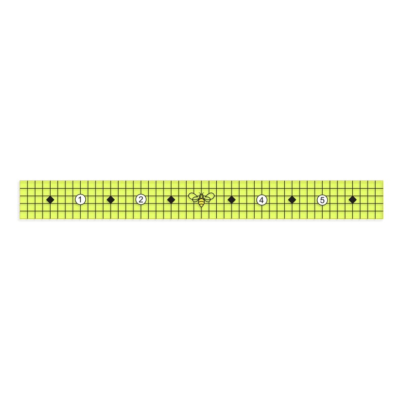 May include: A yellow and black bee illustration on a green grid with black diamonds and white numbers 1 through 5.