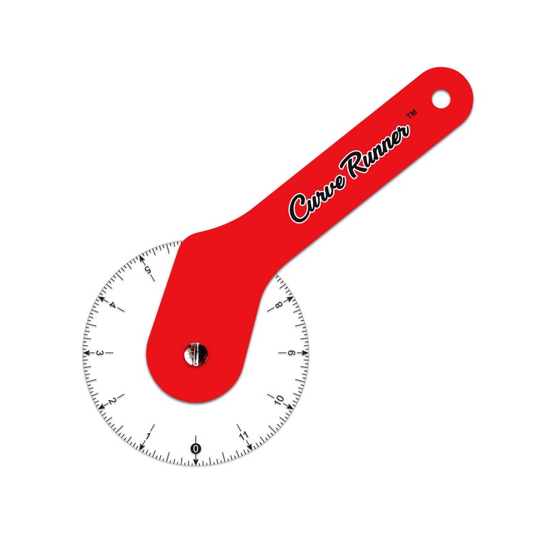 Puede incluir: Una herramienta Curve Runner roja con un dial circular numerado y un mango. El dial tiene marcas del 0 al 11. El mango tiene el texto "Curve Runner" en escritura blanca.
