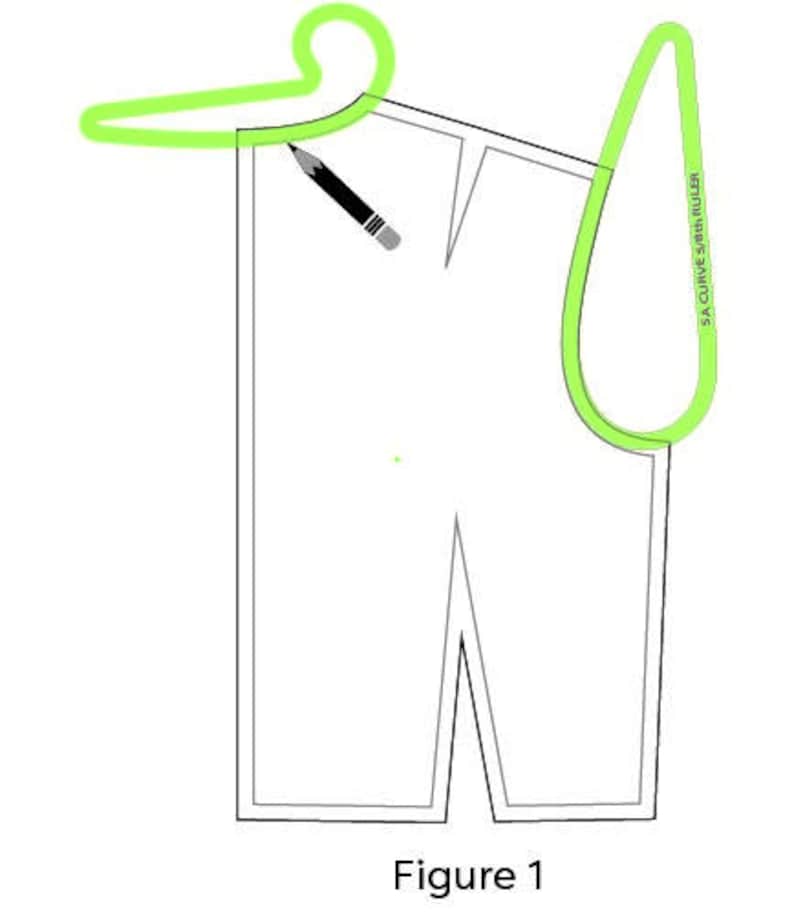 May include: A black and white line drawing of a garment with a green line marking the seam allowance. The drawing is labeled "Figure 1".