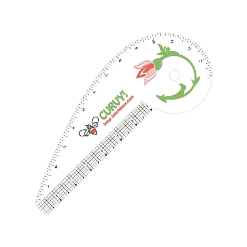 May include: White plastic sewing ruler with a curved edge and a grid pattern. The ruler has a floral design with a red flower and green leaves. The ruler also has a bee design and the text "CURVY! Shop.StitchBuzz.com".