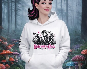 Girls Will Be Girls-hoodie met grafische print – Moon Phase-mouw, empowerment van Womxn's streetwear - wit