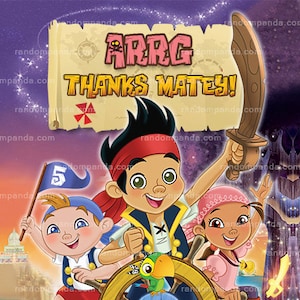 Entrega digital, cartão de agradecimento de Jake e os piratas da Terra do Nunca, nota de agradecimento da festa pirata rosa