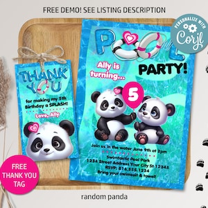 May include: A blue and white pool party invitation with a panda bear design. The invitation says "Ally is turning... 5" and "Pool Party!" with a pink and white life preserver and a pink balloon. The invitation also includes a thank you tag with a panda bear design that says "Thank You for making my 5th Birthday a Splash! Love, Ally".