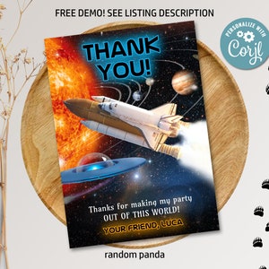 Bearbeitbare Weltraum Astronaut Bday Party Danke Karte UFO Raumschiff Kinder Geburtstag Danke Hinweis Digital Printable