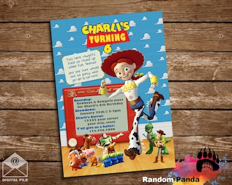 May include: A red and blue birthday invitation featuring a cartoon image of Jessie from Toy Story. The invitation is for a 6-year-old named Charli's birthday party. The text on the invitation reads "Charli's Turning 6" and "Roundup: Cowboys & Cowgirls meet for Charli's 6th Birthday. Showdown: January 23th @ 2-5pm. Charli's Corral: 12345 your street your city, state. Y'all give us a holler: 123.456.7890."
