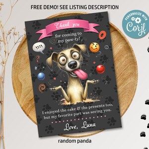 Bewerkbare grappige hond tong uit bedankkaartje verjaardagsfeestje schattige baby roze puppy verjaardag bedankje digitale afdrukbare