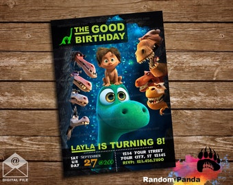 May include: A birthday invitation featuring characters from the animated film The Good Dinosaur. The invitation is green, blue, and black with a dinosaur and a young boy on a green dinosaur. The text on the invitation reads "The Good Birthday" and "Layla is turning 8!" with details for the party.