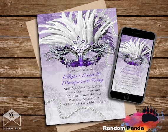 Purple Masquerade Ball Invitation, SMS Digital Mobile, Quinceañera Party Invite Il_570xn