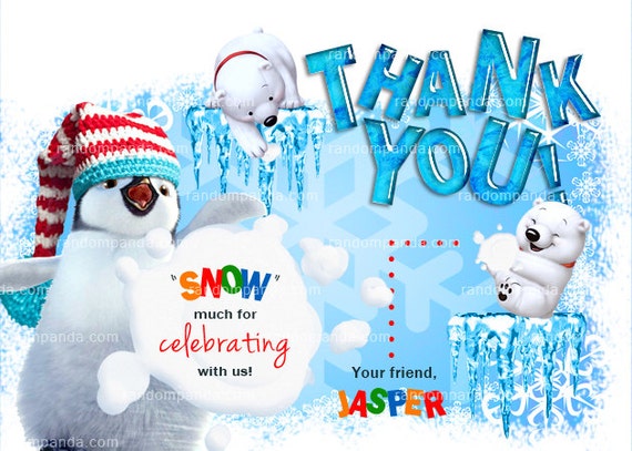 Digital Delivery, Winter Wonderland Thank you Card, Penguin Thank you Note, Polar Bear Snowball Fight Party Il_570xn