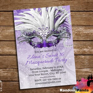DIGITAL FILE, Purple Masquerade Ball Birthday Invitation, Sweet 16 Party, Lavender Lilac Quinceañera Invite