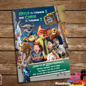 Digital Delivery, Funny Twin Zootopia Invitation, Nick Wilde Double Birthday Invite