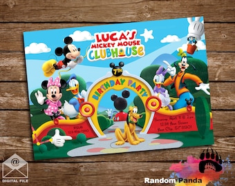 May include: A colorful invitation for a 7th birthday party featuring Mickey Mouse Clubhouse characters. The invitation has a yellow archway with the words "Birthday Party" and the number "7" in a red circle. The characters Mickey Mouse, Minnie Mouse, Donald Duck, Goofy, and Pluto are featured on the invitation.