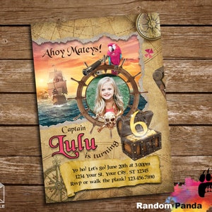 Entrega digital, invitación de cumpleaños pirata, fiesta pirata rosa, invitación de loro de barco pirata