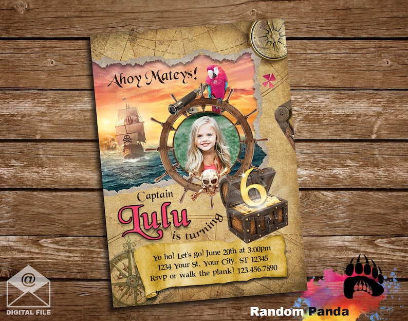 Digital Delivery, Pirate Birthday Invitation, Pink Pirate Party, Pirate Ship Parrot Invite image 1