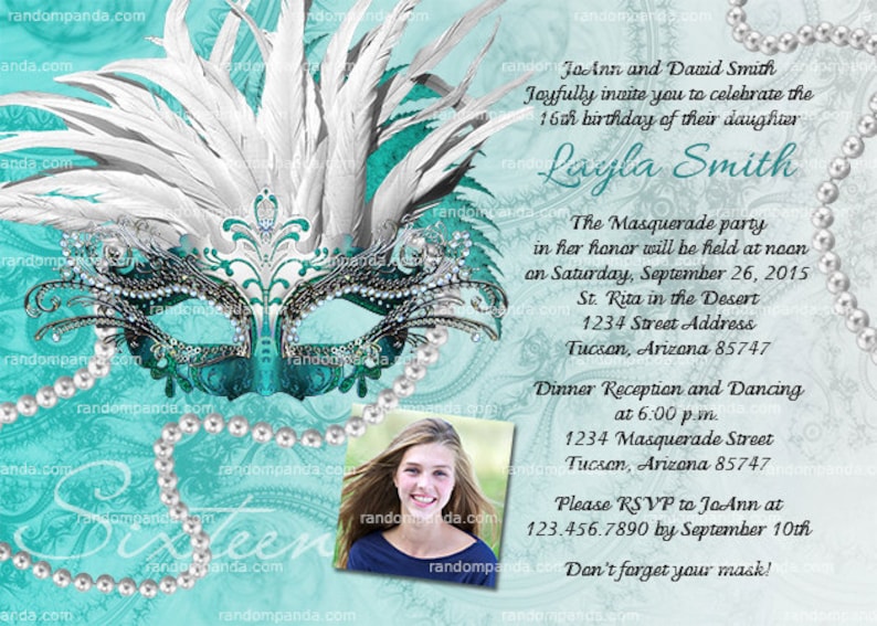 Digital Delivery Quincea\u00f1era Invite Personalize Masquerade Ball Invitation Teal Sweet 16 Party