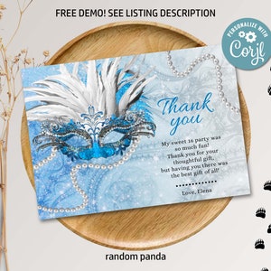 Carte de remerciement d'anniversaire mascarade bleu ciel modifiable ballon de mascarade bleu Remarque fille Quinceañera masque de fête numérique imprimable