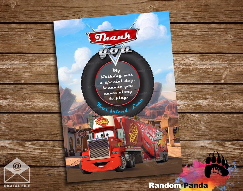 DIGITAL FILE, Cars Thank You Card, Mack Truck Thanks, Cars Bday Thank You Note image 1