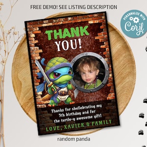 Bewerkbare piraat superheld Turtles verjaardagsfeestje bedankkaart Ninja Baby Turtles verjaardag bedankje digitale afdrukbare