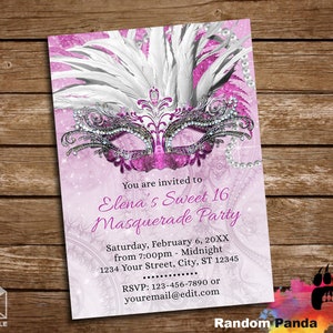 Digital Delivery, Fuchsia Masquerade Ball Birthday Invitation, Sweet 16 Party, Hot Pink Quinceañera Invite