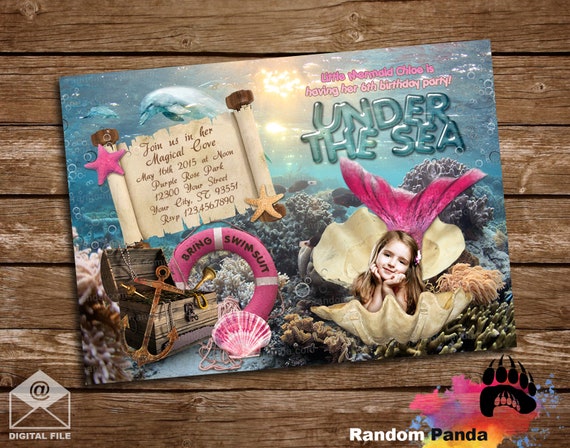 Digital Delivery, Personalize Pink Mermaid Invitation, Under the Sea Party, Mermaid Dolphin Invite Il_570xn