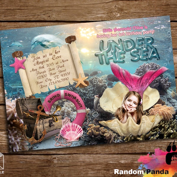 Digital Delivery, Personalize Pink Mermaid Invitation, Under the Sea Party, Mermaid Dolphin Invite