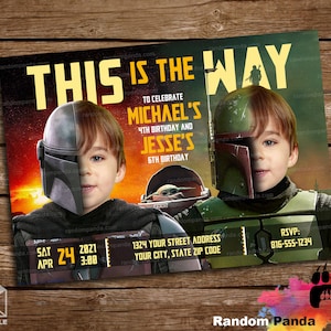 Digital Delivery, Funny Twin Mandalorian and Boba Fett Invitation, Star Wars Grogu Double Birthday Party Invite