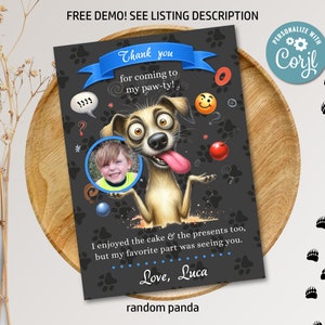Editable Funny Dog Tongue Out Bday Party Thank You Card Cute Baby Blue Puppy Birthday Thank you Note Digital Printable