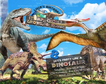 May include: A colorful dinosaur birthday party invitation with a green, blue, and brown dinosaur in the foreground. The invitation says "Let's Party Like a Dinosaur" and includes the text "Saturday, June 6th at 3pm, 1234 Prehistoric Ave, City ST 12345, RSVP: 123.456.7890".